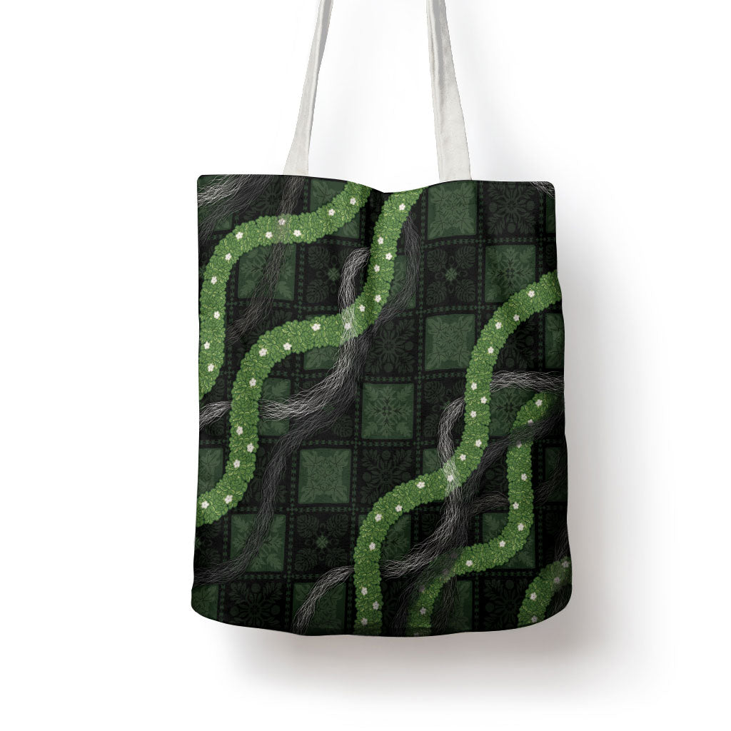 Hawaiian Quilt Tote Bag Pele Hair Hinahina Lei Black Version