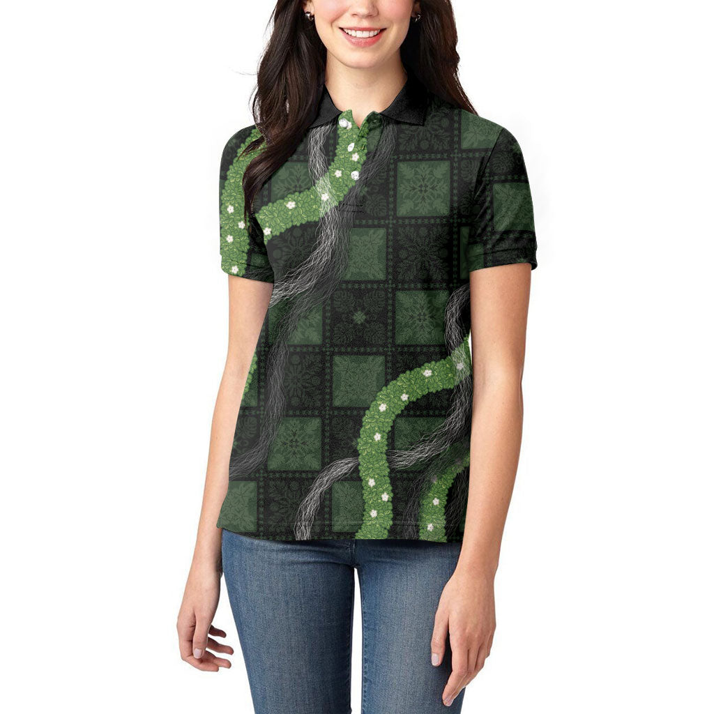 Hawaiian Quilt Women Polo Shirt Pele Hair Hinahina Lei Black Version
