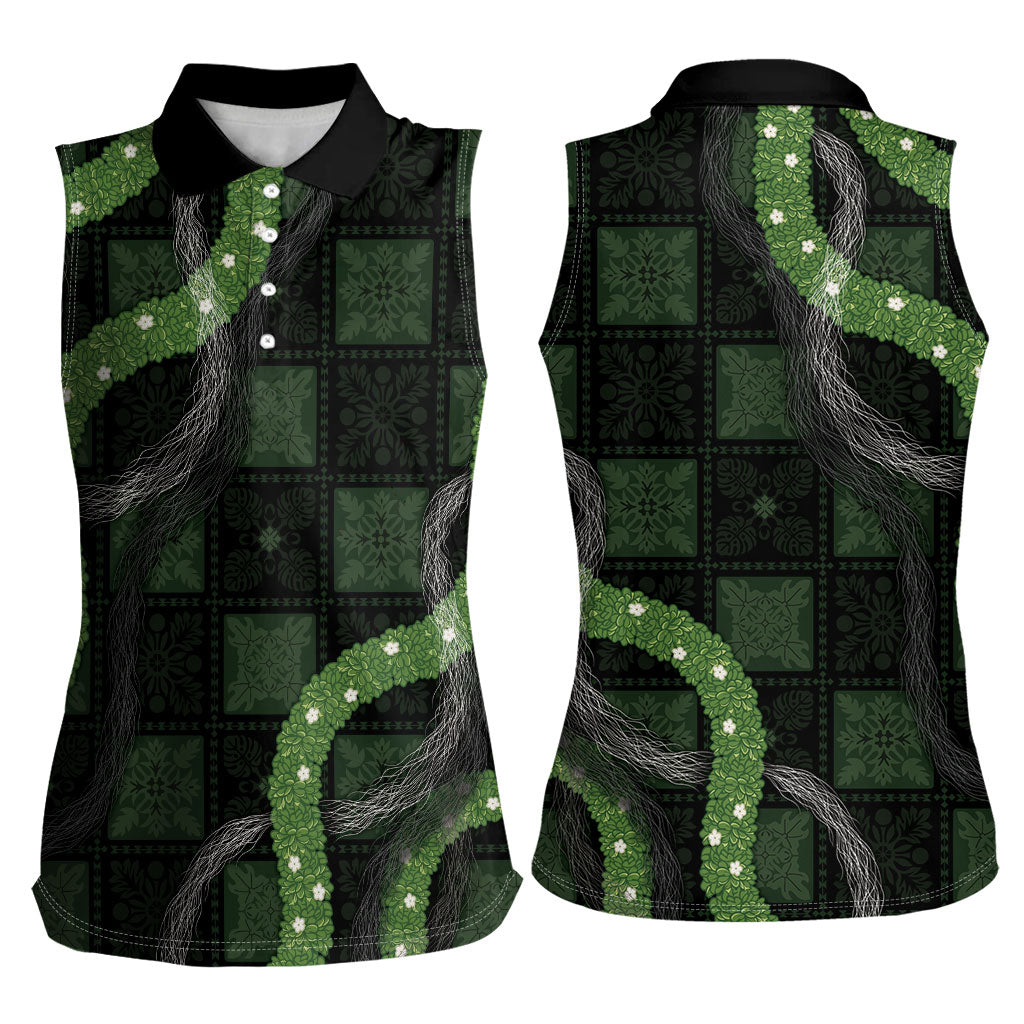 Hawaiian Quilt Women Sleeveless Polo Shirt Pele Hair Hinahina Lei Black Version