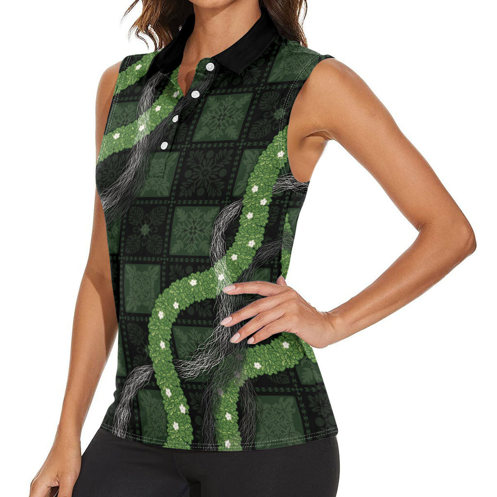 Hawaiian Quilt Women Sleeveless Polo Shirt Pele Hair Hinahina Lei Black Version