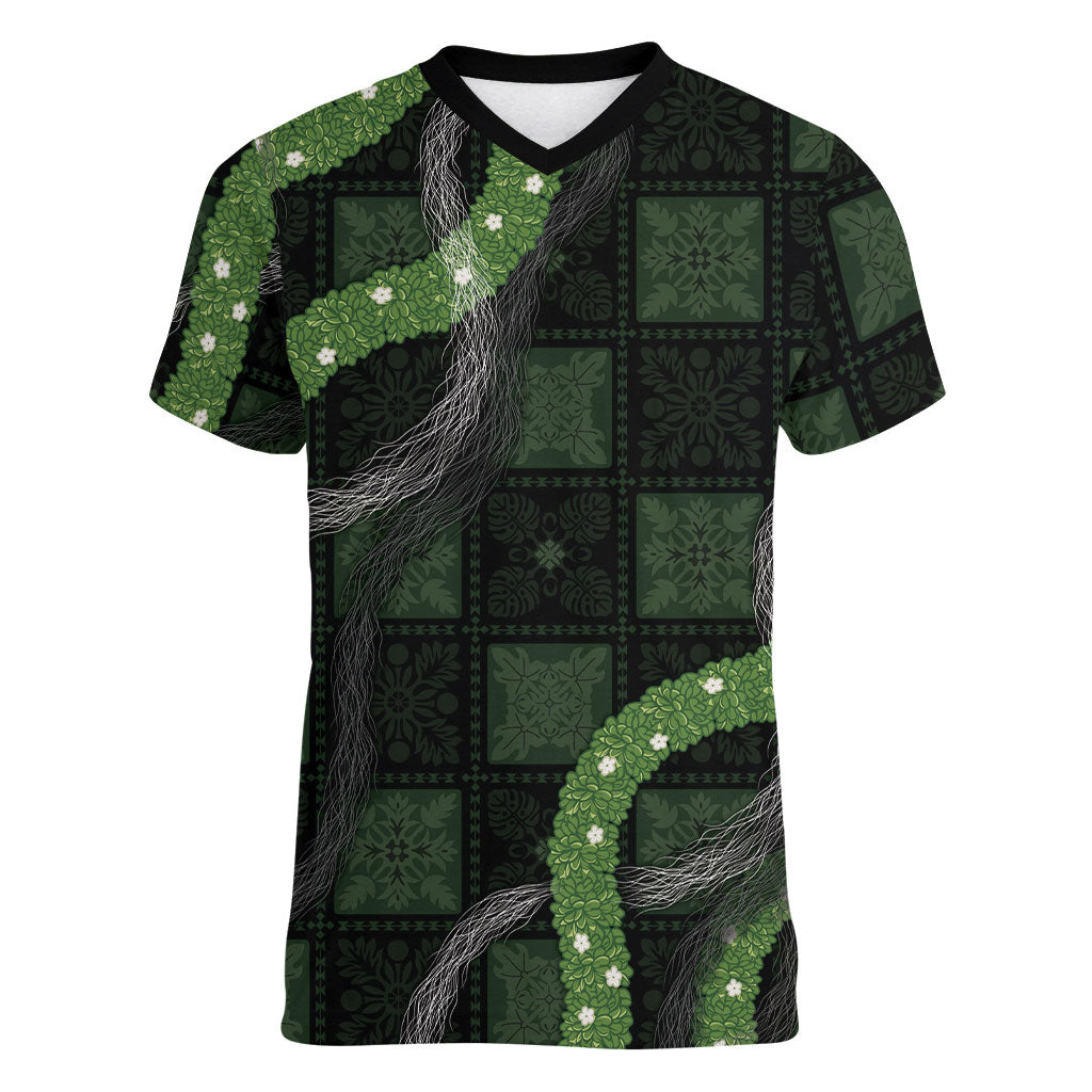 Hawaiian Quilt Women V-Neck T-Shirt Pele Hair Hinahina Lei Black Version
