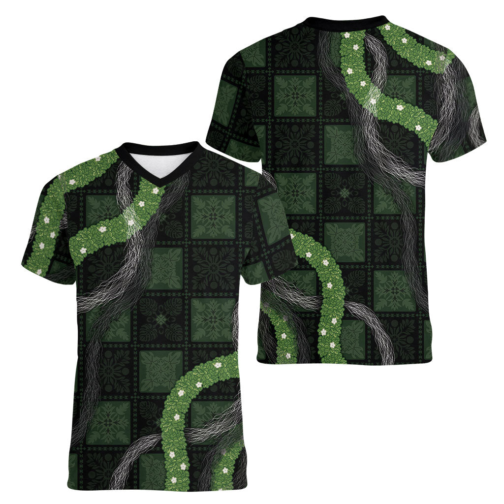 Hawaiian Quilt Women V-Neck T-Shirt Pele Hair Hinahina Lei Black Version