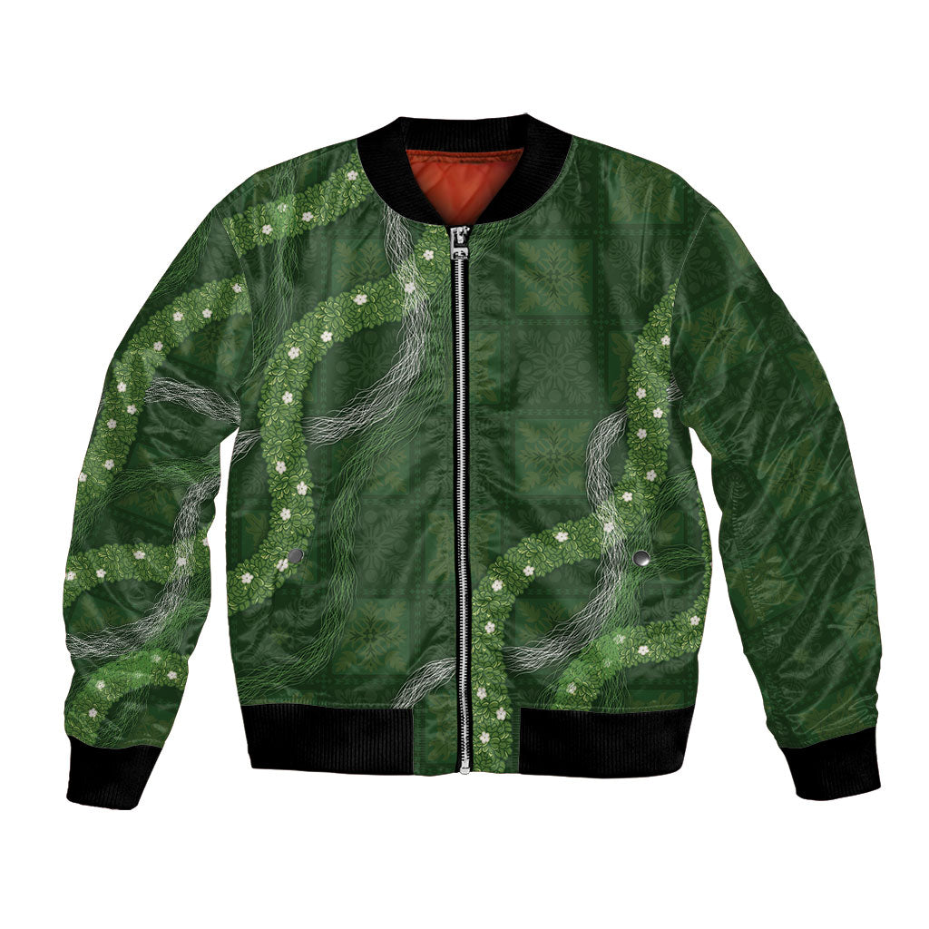 Hawaiian Quilt Bomber Jacket Pele Hair Hinahina Lei Green Version LT05 Unisex Green - Polynesian Pride
