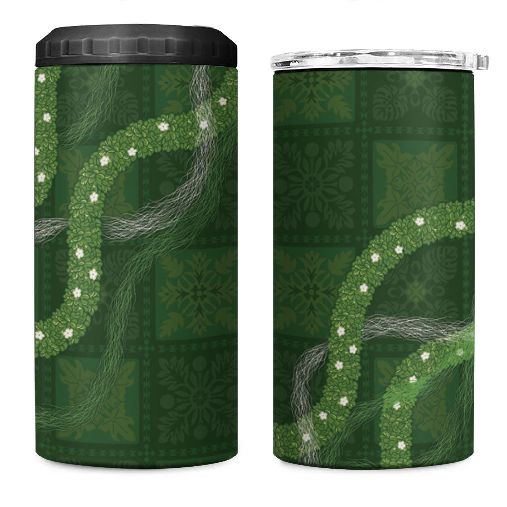 Hawaiian Quilt 4 in 1 Can Cooler Tumbler Pele Hair Hinahina Lei Green Version