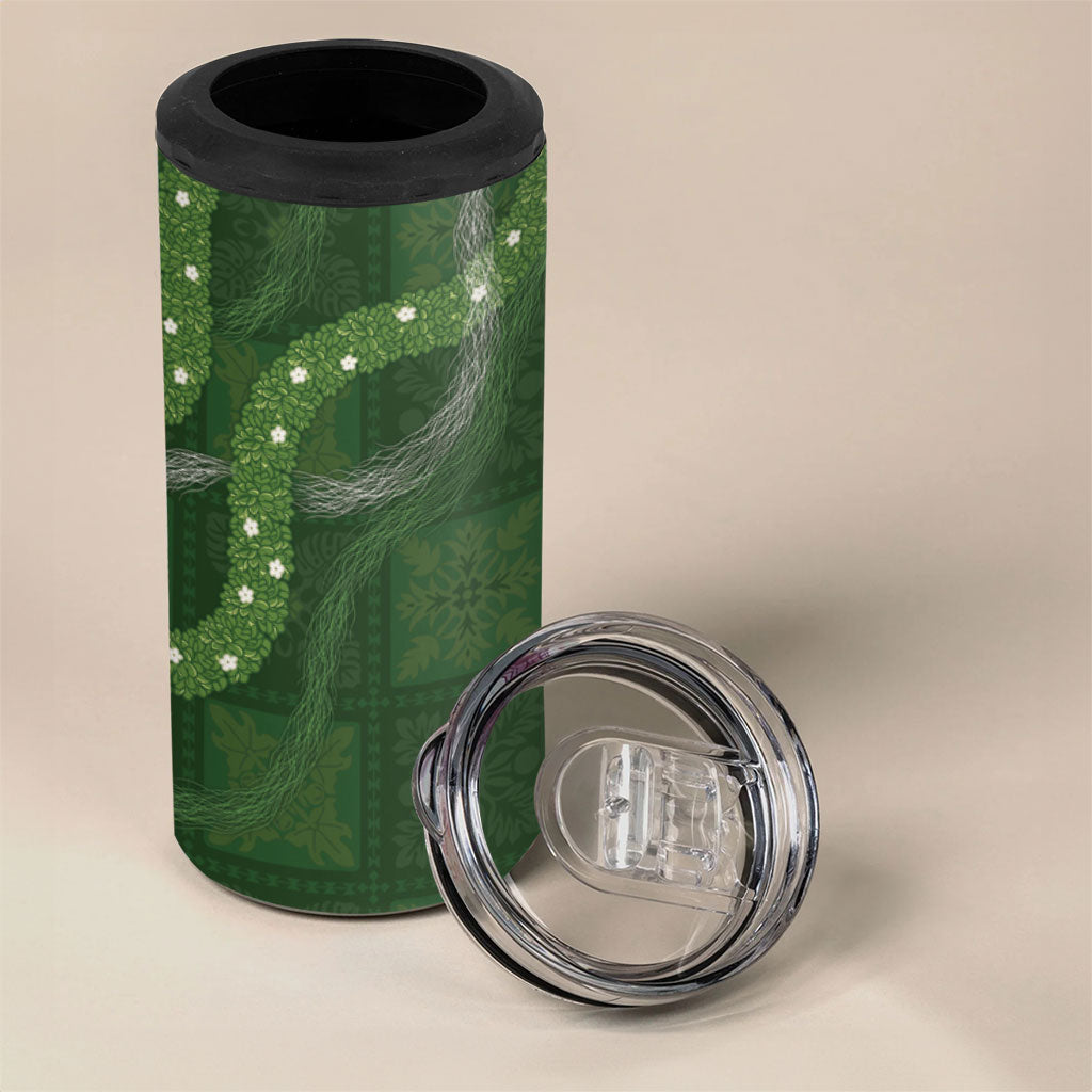 Hawaiian Quilt 4 in 1 Can Cooler Tumbler Pele Hair Hinahina Lei Green Version