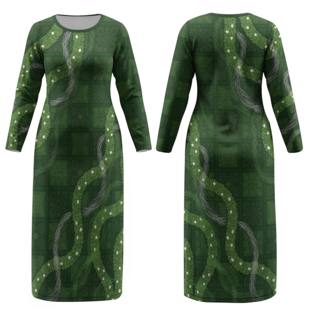 Hawaiian Quilt Couples Matching Long Sleeve Bodycon Dress and Hawaiian Shirt Pele Hair Hinahina Lei Green Version LT05 - Polynesian Pride