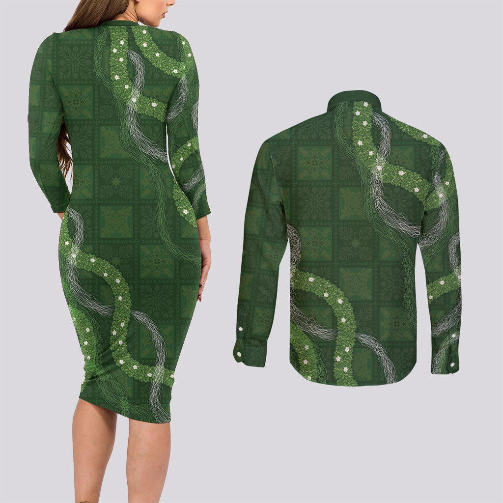 Hawaiian Quilt Couples Matching Long Sleeve Bodycon Dress and Long Sleeve Button Shirt Pele Hair Hinahina Lei Green Version