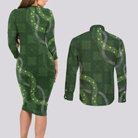 Hawaiian Quilt Couples Matching Long Sleeve Bodycon Dress and Long Sleeve Button Shirt Pele Hair Hinahina Lei Green Version