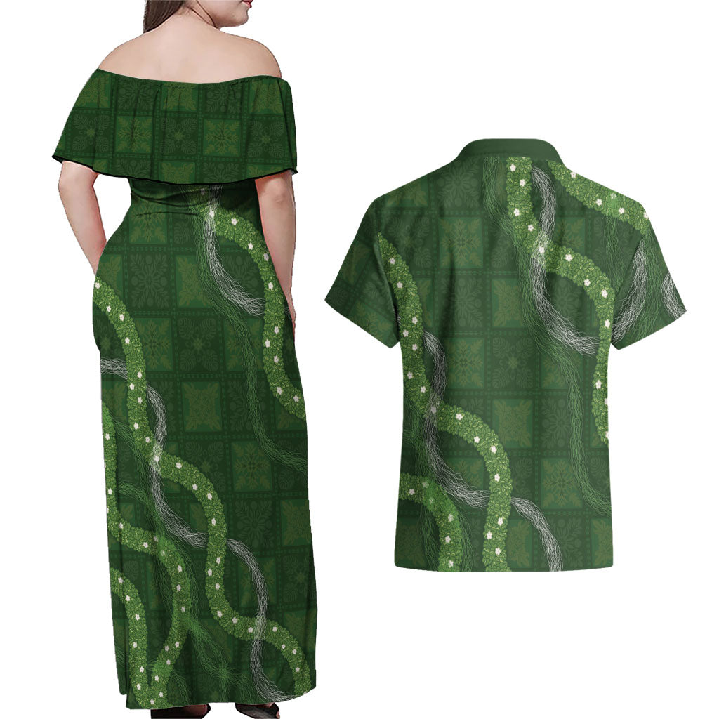 Hawaiian Quilt Couples Matching Off Shoulder Maxi Dress and Hawaiian Shirt Pele Hair Hinahina Lei Green Version