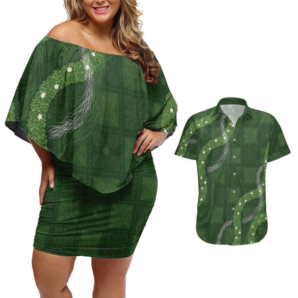 Hawaiian Quilt Couples Matching Off Shoulder Short Dress and Hawaiian Shirt Pele Hair Hinahina Lei Green Version
