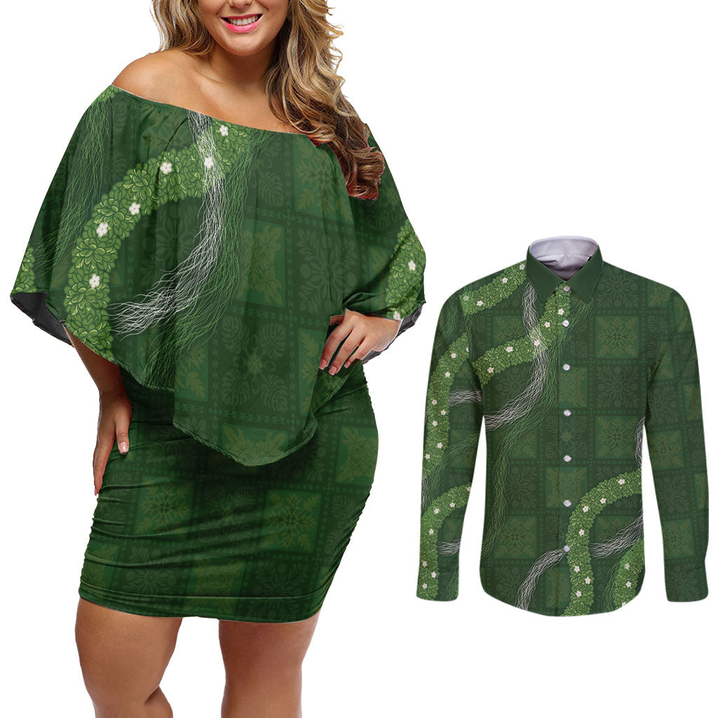 Hawaiian Quilt Couples Matching Off Shoulder Short Dress and Long Sleeve Button Shirt Pele Hair Hinahina Lei Green Version LT05 Green - Polynesian Pride