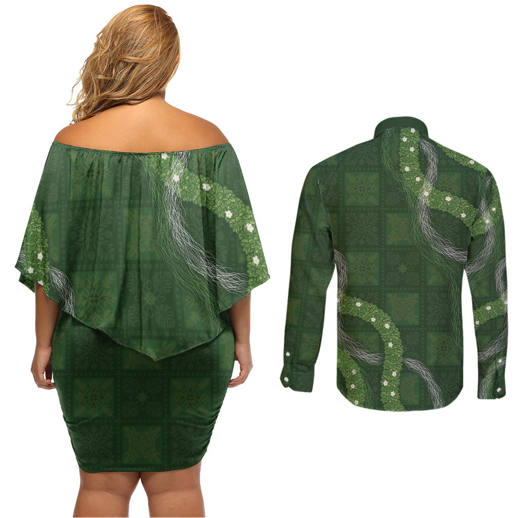 Hawaiian Quilt Couples Matching Off Shoulder Short Dress and Long Sleeve Button Shirt Pele Hair Hinahina Lei Green Version