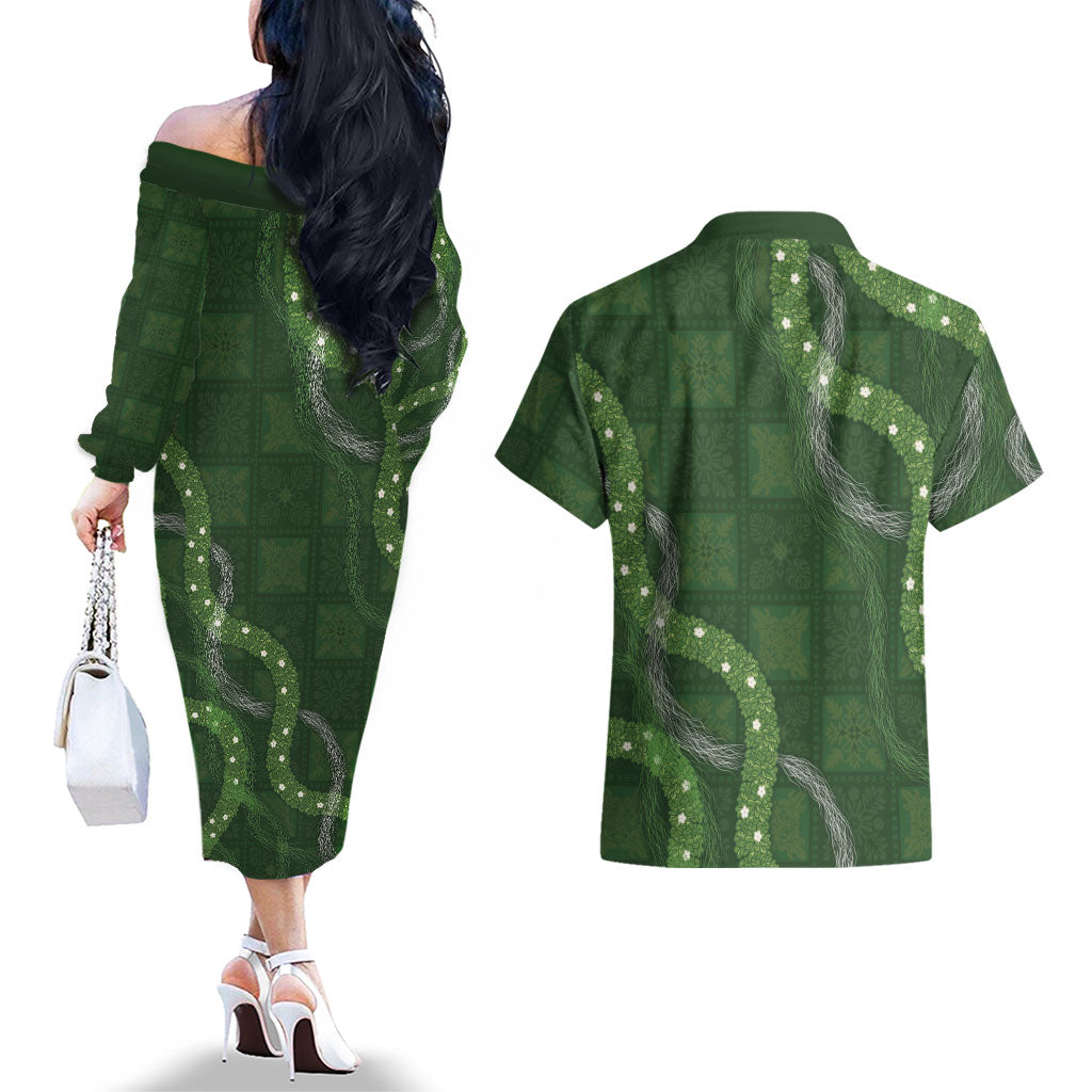 Hawaiian Quilt Couples Matching Off The Shoulder Long Sleeve Dress and Hawaiian Shirt Pele Hair Hinahina Lei Green Version