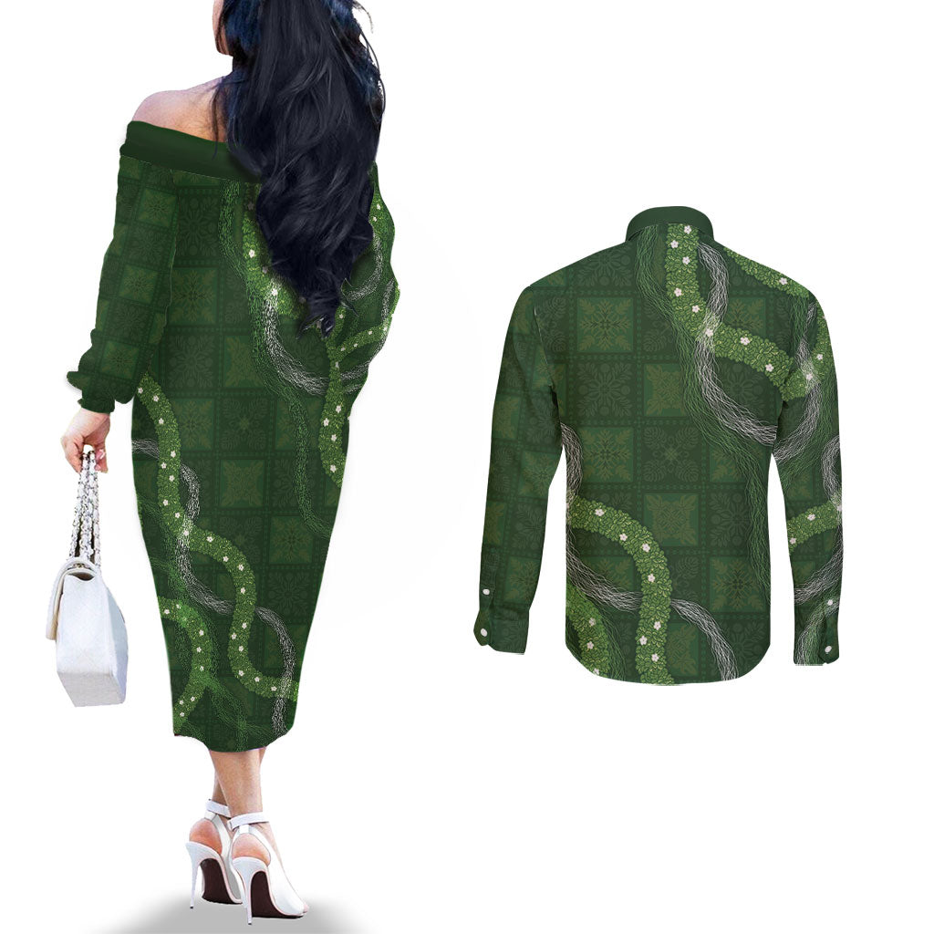 Hawaiian Quilt Couples Matching Off The Shoulder Long Sleeve Dress and Long Sleeve Button Shirt Pele Hair Hinahina Lei Green Version
