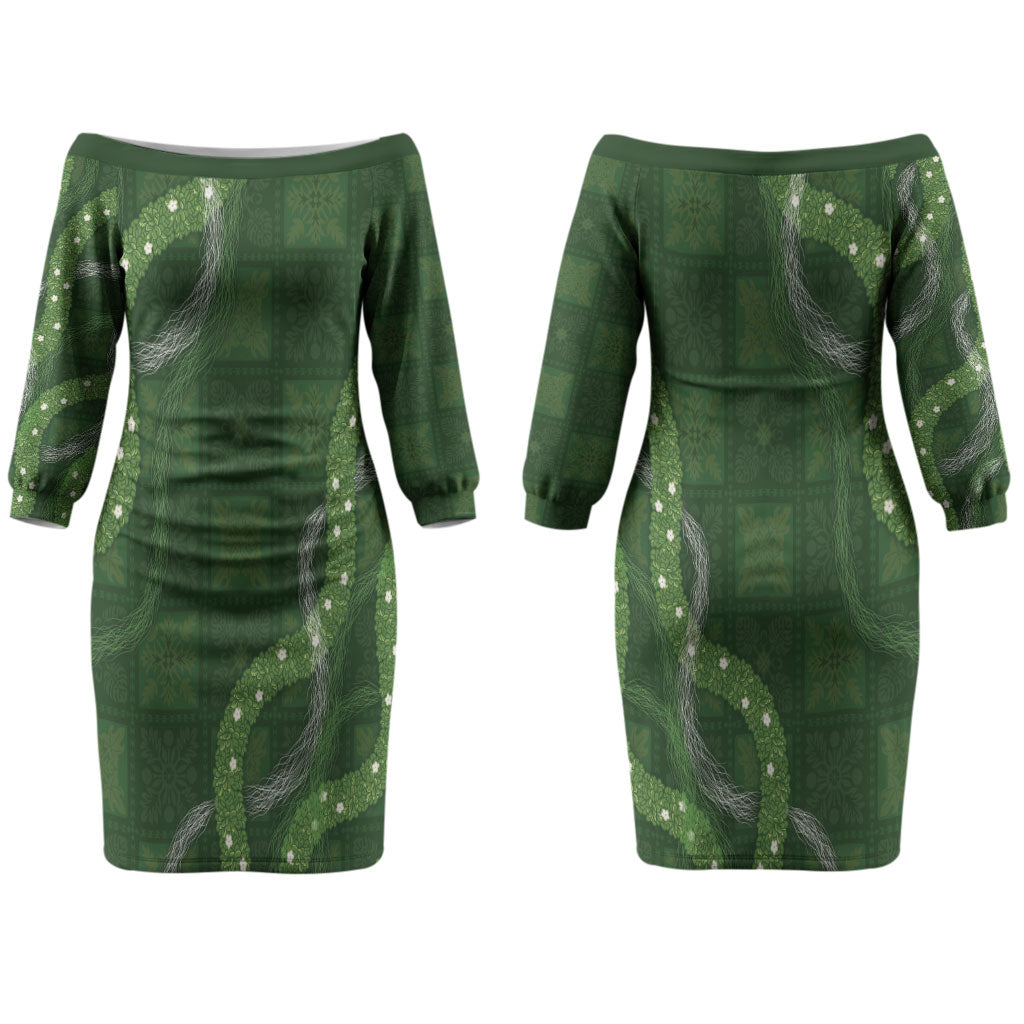 Hawaiian Quilt Couples Matching Off The Shoulder Long Sleeve Dress and Long Sleeve Button Shirt Pele Hair Hinahina Lei Green Version LT05 - Polynesian Pride