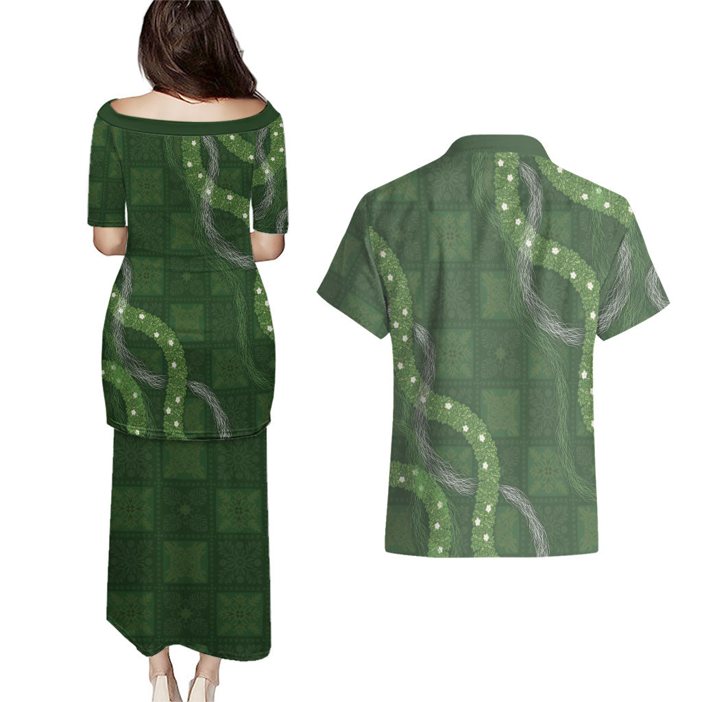 Hawaiian Quilt Couples Matching Puletasi and Hawaiian Shirt Pele Hair Hinahina Lei Green Version