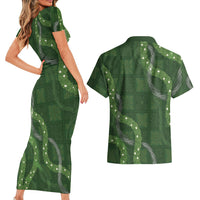 Hawaiian Quilt Couples Matching Short Sleeve Bodycon Dress and Hawaiian Shirt Pele Hair Hinahina Lei Green Version
