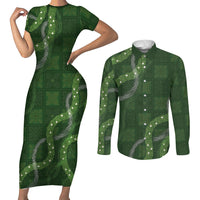 Hawaiian Quilt Couples Matching Short Sleeve Bodycon Dress and Long Sleeve Button Shirt Pele Hair Hinahina Lei Green Version