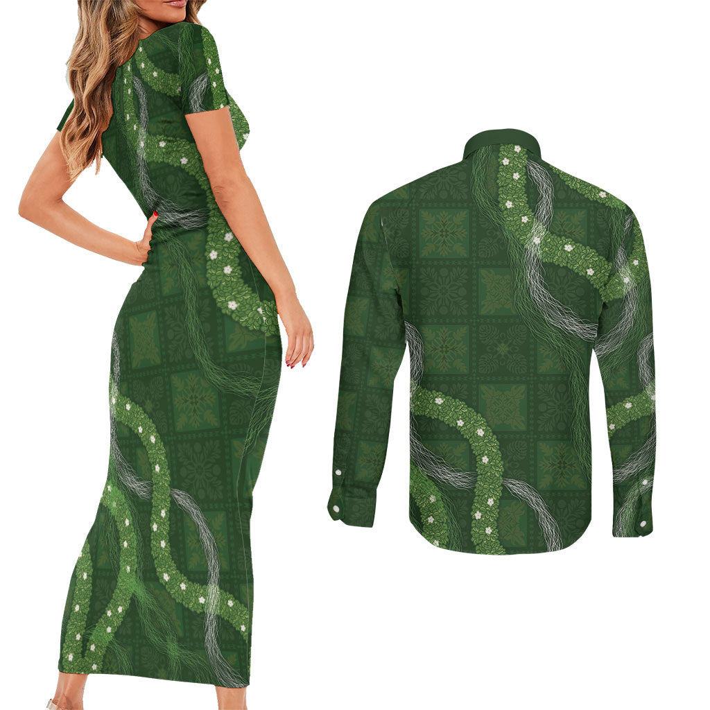 Hawaiian Quilt Couples Matching Short Sleeve Bodycon Dress and Long Sleeve Button Shirt Pele Hair Hinahina Lei Green Version