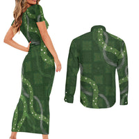 Hawaiian Quilt Couples Matching Short Sleeve Bodycon Dress and Long Sleeve Button Shirt Pele Hair Hinahina Lei Green Version