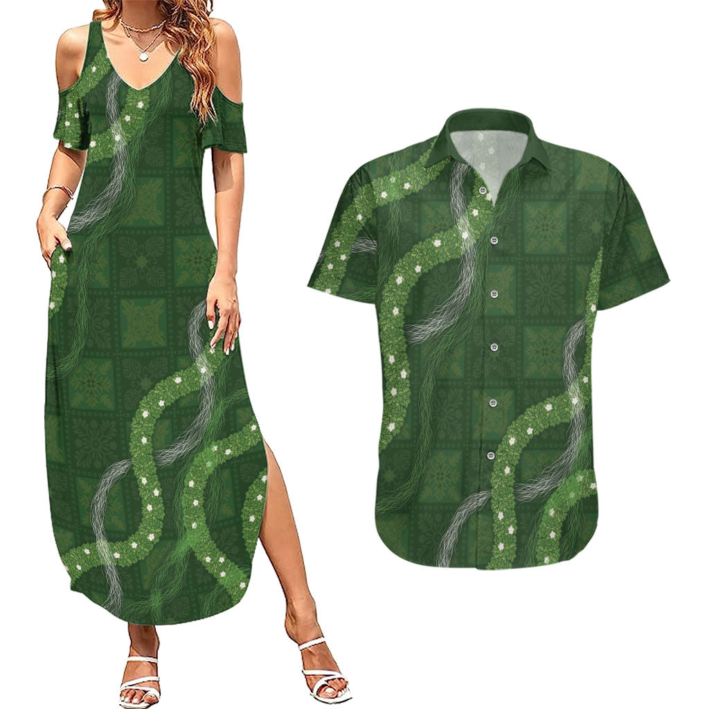 Hawaiian Quilt Couples Matching Summer Maxi Dress and Hawaiian Shirt Pele Hair Hinahina Lei Green Version LT05 Green - Polynesian Pride