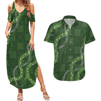 Hawaiian Quilt Couples Matching Summer Maxi Dress and Hawaiian Shirt Pele Hair Hinahina Lei Green Version