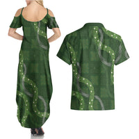 Hawaiian Quilt Couples Matching Summer Maxi Dress and Hawaiian Shirt Pele Hair Hinahina Lei Green Version
