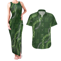 Hawaiian Quilt Couples Matching Tank Maxi Dress and Hawaiian Shirt Pele Hair Hinahina Lei Green Version