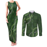 Hawaiian Quilt Couples Matching Tank Maxi Dress and Long Sleeve Button Shirt Pele Hair Hinahina Lei Green Version