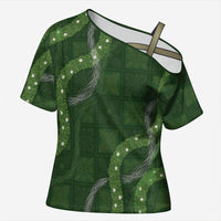 Hawaiian Quilt Cross Shoulder Shirt Pele Hair Hinahina Lei Green Version