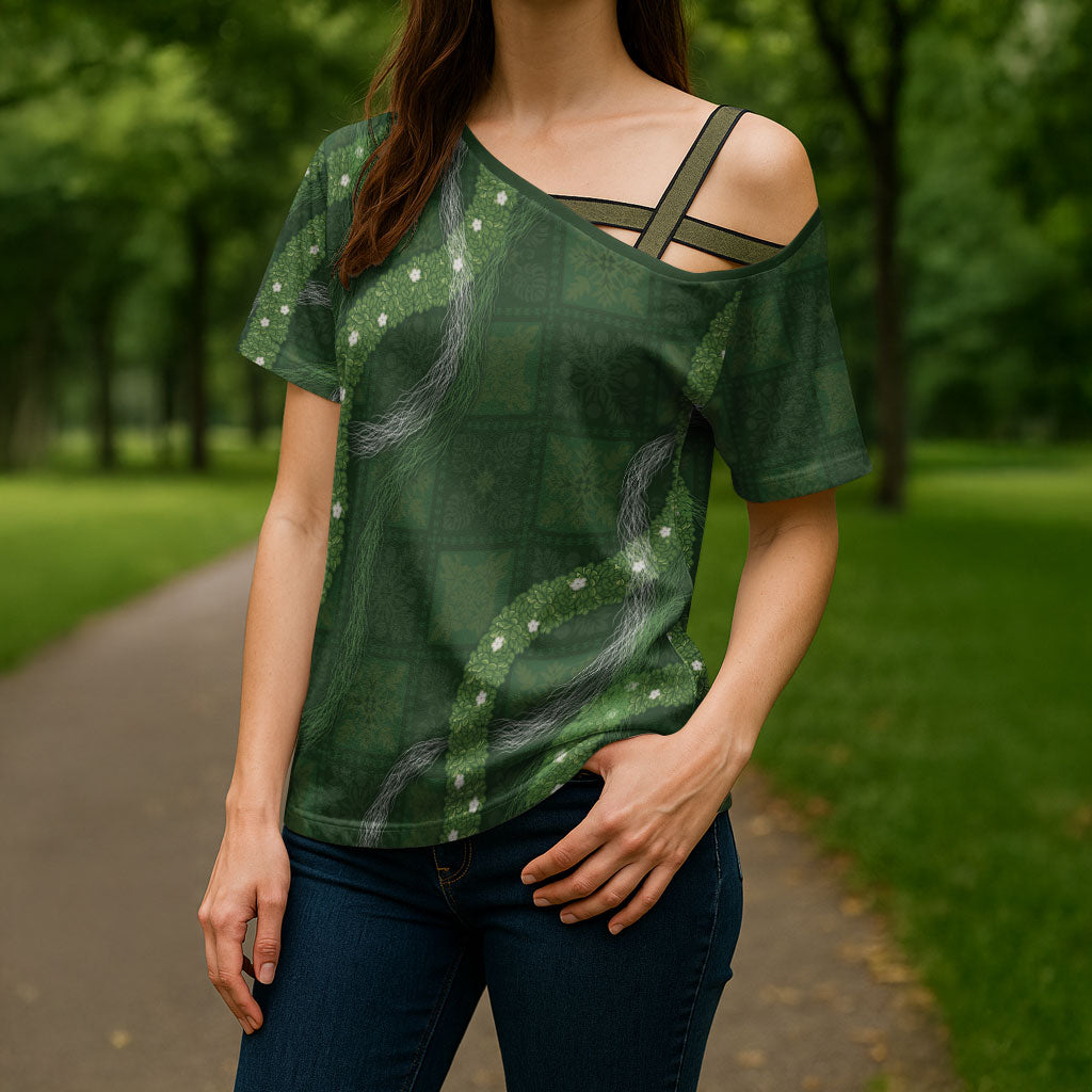 Hawaiian Quilt Cross Shoulder Shirt Pele Hair Hinahina Lei Green Version