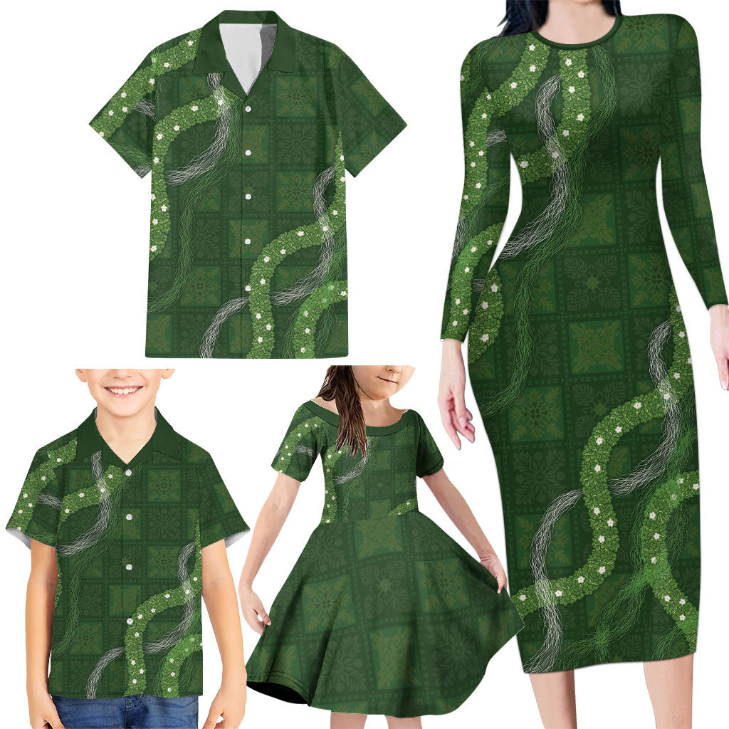 Hawaiian Quilt Family Matching Long Sleeve Bodycon Dress and Hawaiian Shirt Pele Hair Hinahina Lei Green Version