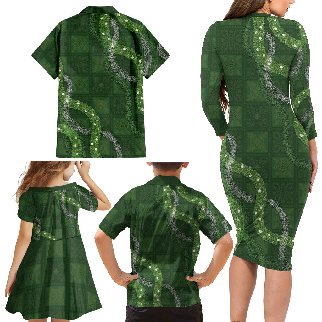 Hawaiian Quilt Family Matching Long Sleeve Bodycon Dress and Hawaiian Shirt Pele Hair Hinahina Lei Green Version