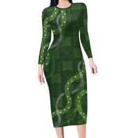 Hawaiian Quilt Family Matching Long Sleeve Bodycon Dress and Hawaiian Shirt Pele Hair Hinahina Lei Green Version