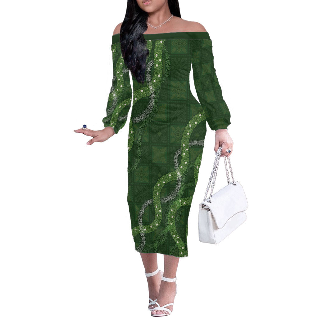 Hawaiian Quilt Family Matching Off The Shoulder Long Sleeve Dress and Hawaiian Shirt Pele Hair Hinahina Lei Green Version