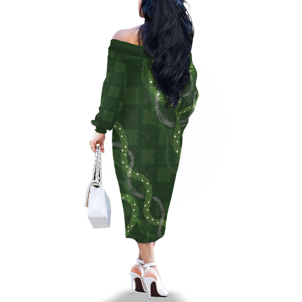 Hawaiian Quilt Family Matching Off The Shoulder Long Sleeve Dress and Hawaiian Shirt Pele Hair Hinahina Lei Green Version