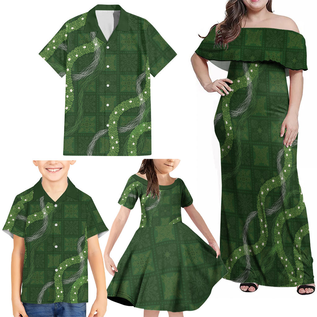 Hawaiian Quilt Family Matching Off Shoulder Maxi Dress and Hawaiian Shirt Pele Hair Hinahina Lei Green Version