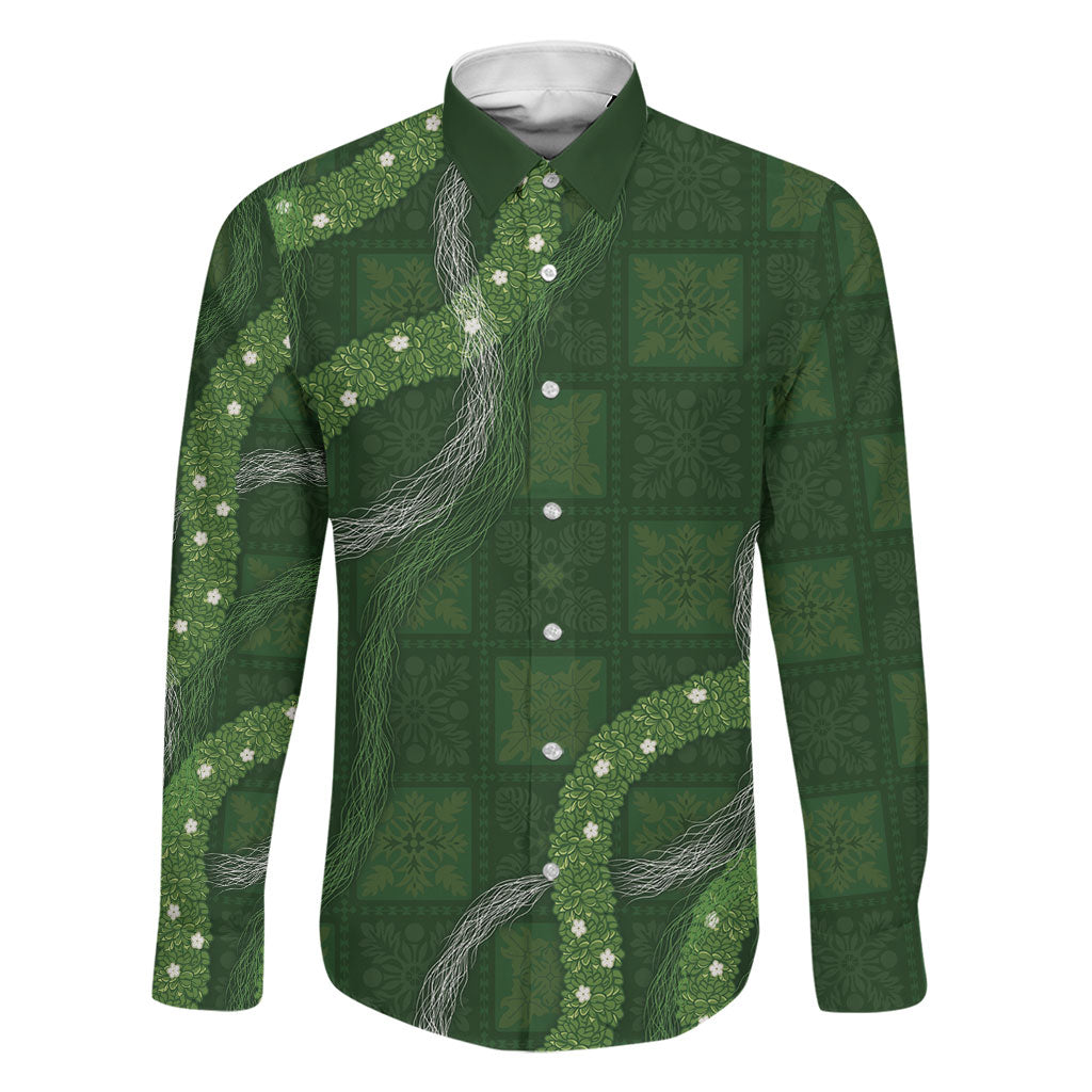 Hawaiian Quilt Family Matching Off Shoulder Maxi Dress and Hawaiian Shirt Pele Hair Hinahina Lei Green Version