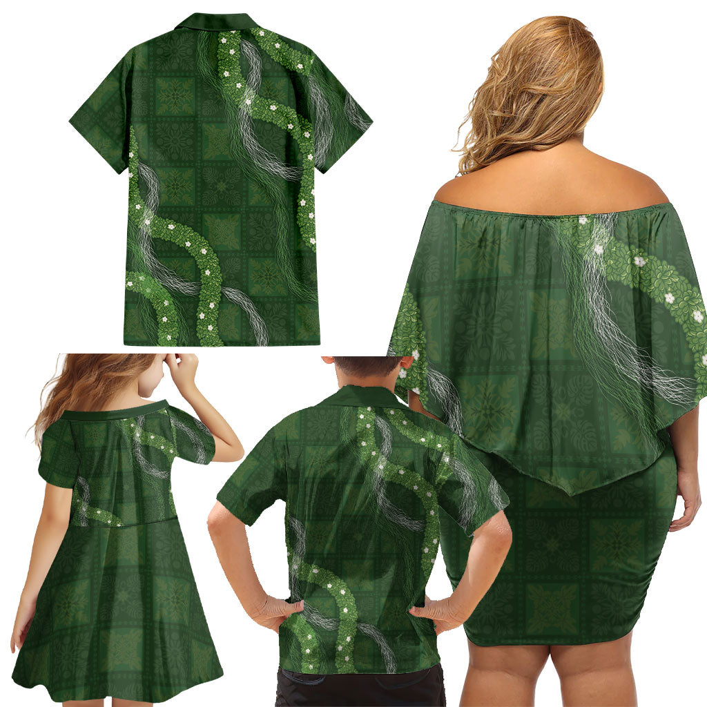 Hawaiian Quilt Family Matching Off Shoulder Short Dress and Hawaiian Shirt Pele Hair Hinahina Lei Green Version