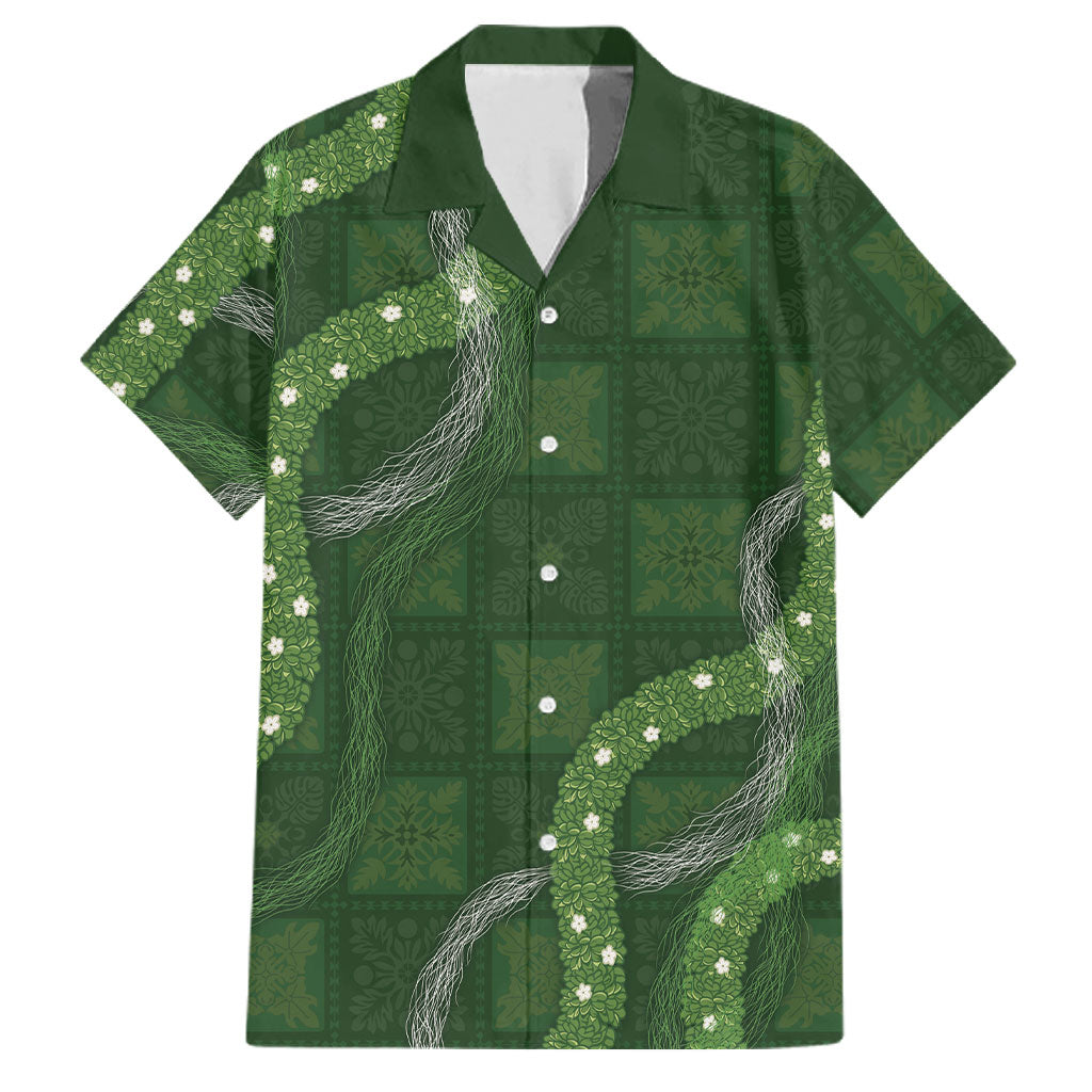 Hawaiian Quilt Family Matching Puletasi and Hawaiian Shirt Pele Hair Hinahina Lei Green Version