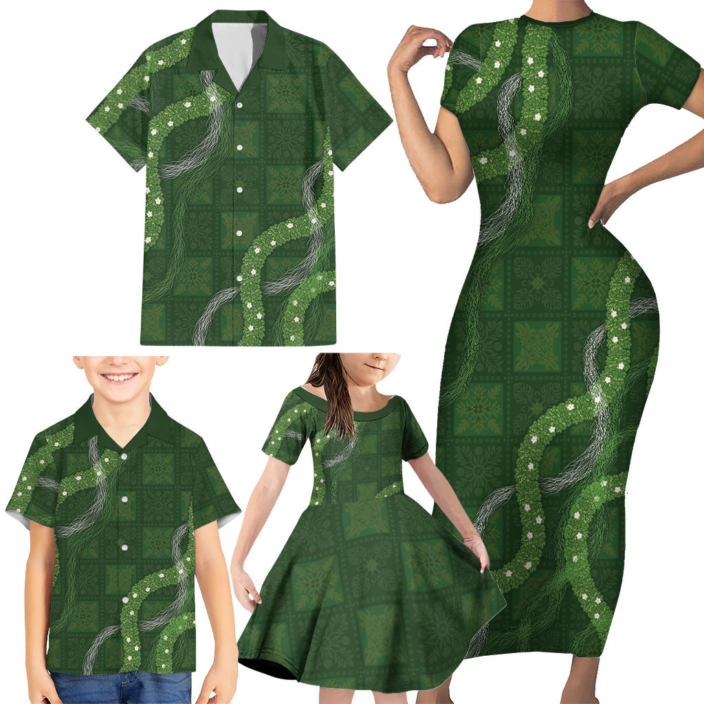 Hawaiian Quilt Family Matching Short Sleeve Bodycon Dress and Hawaiian Shirt Pele Hair Hinahina Lei Green Version