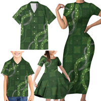 Hawaiian Quilt Family Matching Short Sleeve Bodycon Dress and Hawaiian Shirt Pele Hair Hinahina Lei Green Version