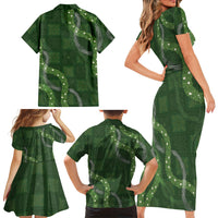 Hawaiian Quilt Family Matching Short Sleeve Bodycon Dress and Hawaiian Shirt Pele Hair Hinahina Lei Green Version
