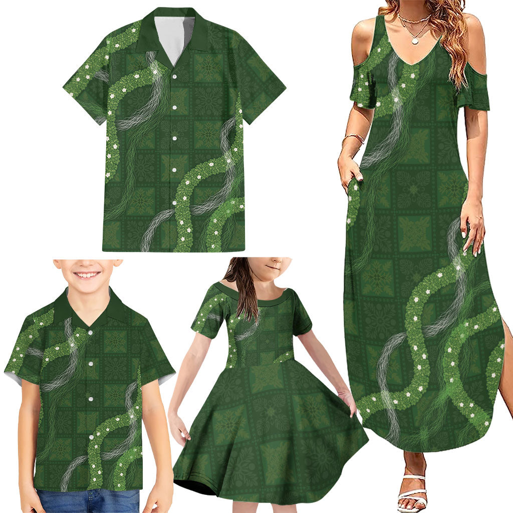 Hawaiian Quilt Family Matching Summer Maxi Dress and Hawaiian Shirt Pele Hair Hinahina Lei Green Version