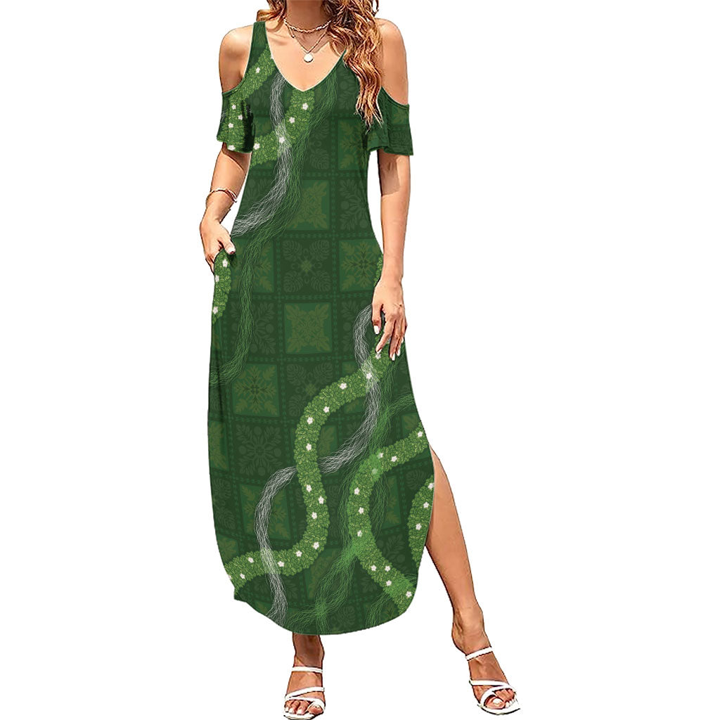 Hawaiian Quilt Family Matching Summer Maxi Dress and Hawaiian Shirt Pele Hair Hinahina Lei Green Version