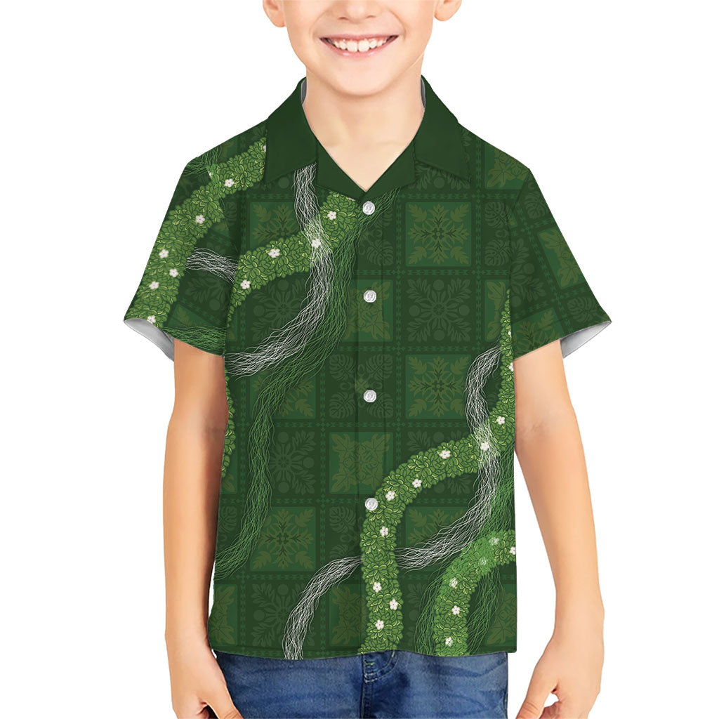 Hawaiian Quilt Family Matching Summer Maxi Dress and Hawaiian Shirt Pele Hair Hinahina Lei Green Version