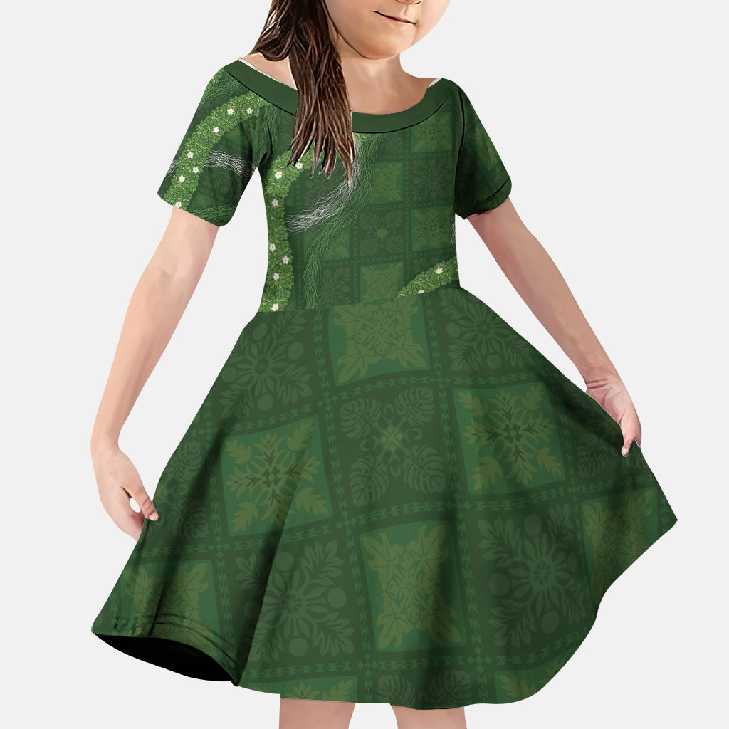 Hawaiian Quilt Family Matching Tank Maxi Dress and Hawaiian Shirt Pele Hair Hinahina Lei Green Version
