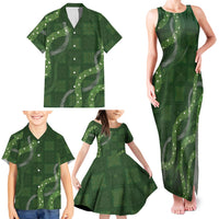 Hawaiian Quilt Family Matching Tank Maxi Dress and Hawaiian Shirt Pele Hair Hinahina Lei Green Version