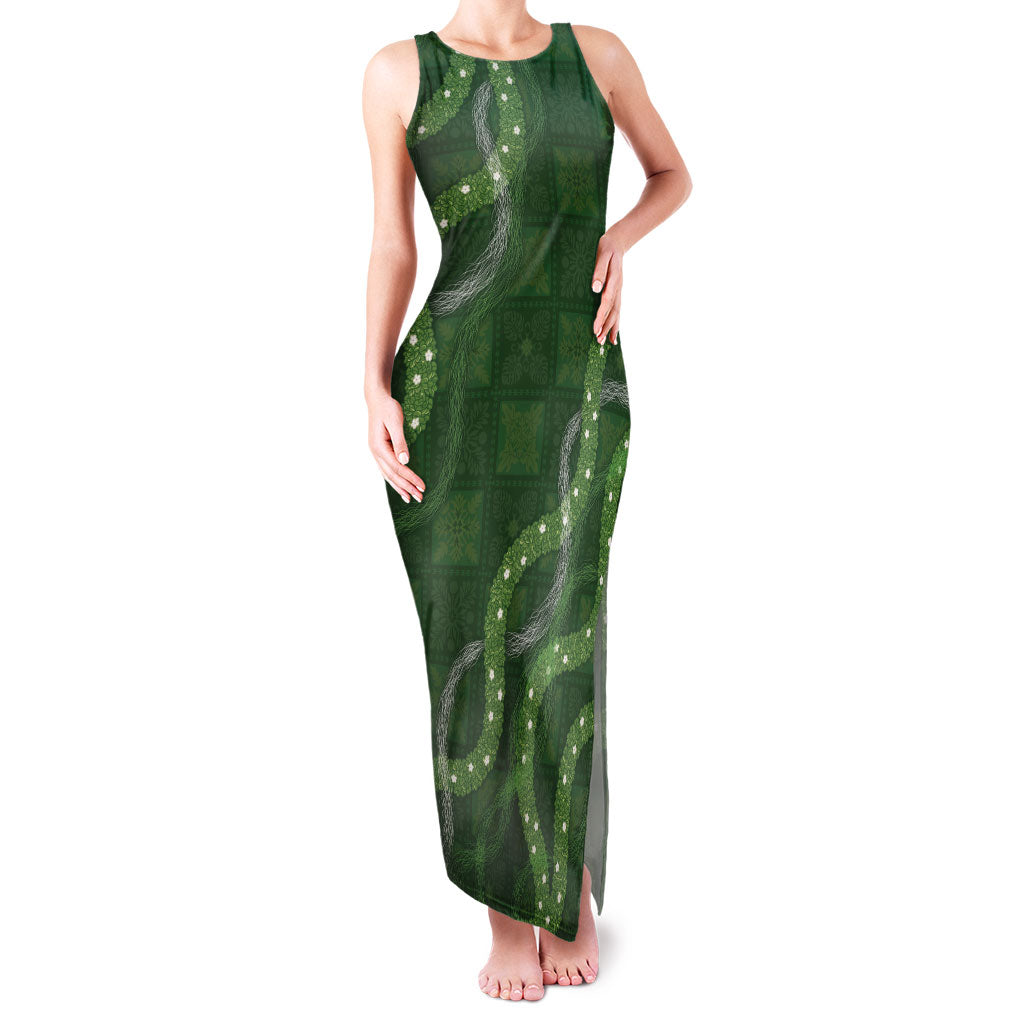 Hawaiian Quilt Family Matching Tank Maxi Dress and Hawaiian Shirt Pele Hair Hinahina Lei Green Version