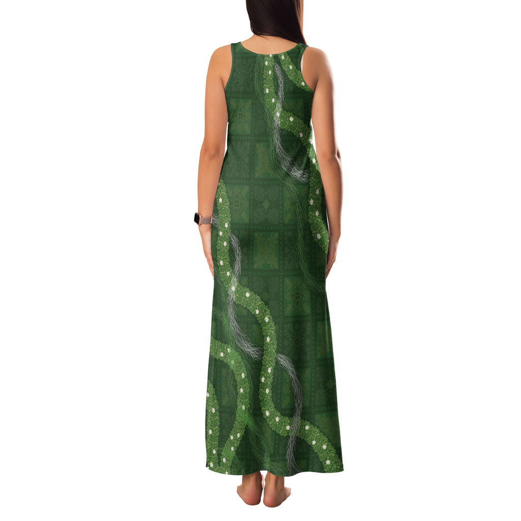 Hawaiian Quilt Family Matching Tank Maxi Dress and Hawaiian Shirt Pele Hair Hinahina Lei Green Version